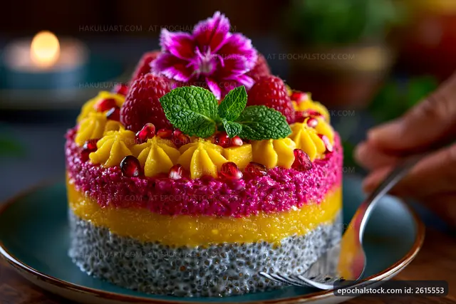 Colorful dessert with fruits and cream on a plate