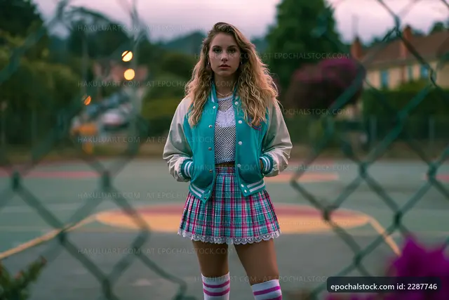 Young woman in retro outfit stands on empty basketball court