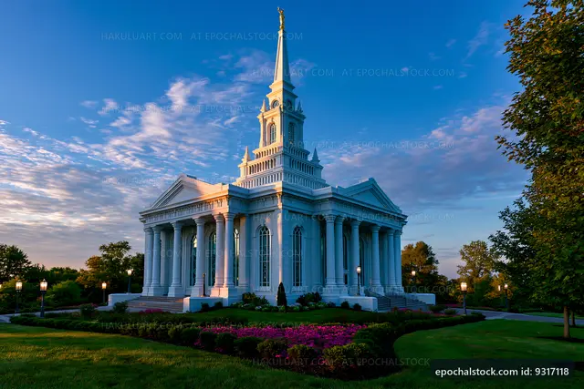 Historic building with tall spire surrounded by gardens at sunset