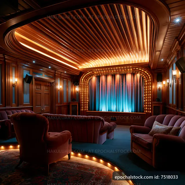 Comfortable home theater with soft lighting and cozy seating