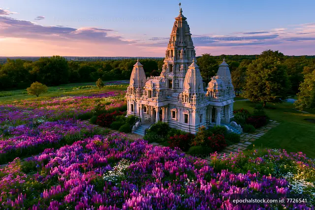 Unique temple surrounded by vibrant flowers in a scenic landscape