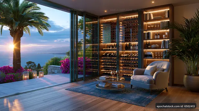 Cozy seating area with wine storage and ocean view at sunset