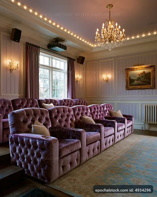 Luxurious home theater with plush seating and elegant decor