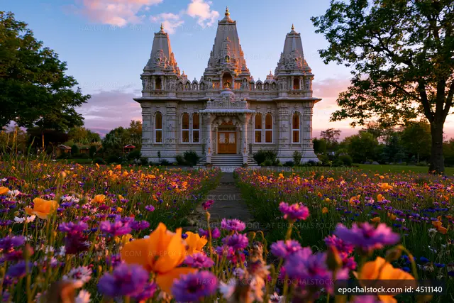 Colorful flowers in front of a temple at sunset