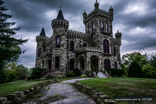 Mysterious stone castle under a cloudy sky