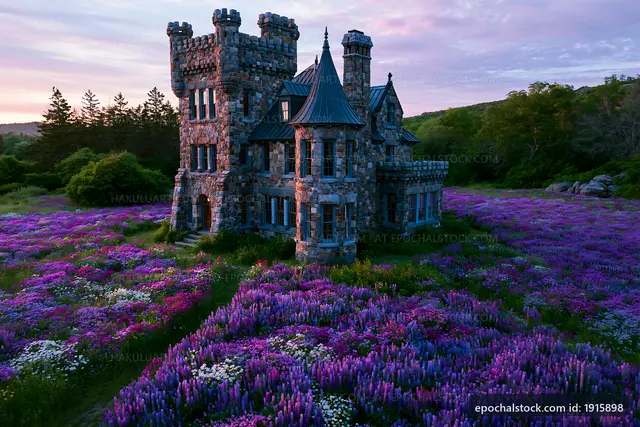 Historic stone castle surrounded by purple flowers at sunset