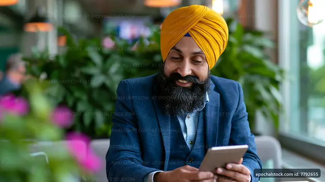 Man in a suit using smartphone at a cafe with plants