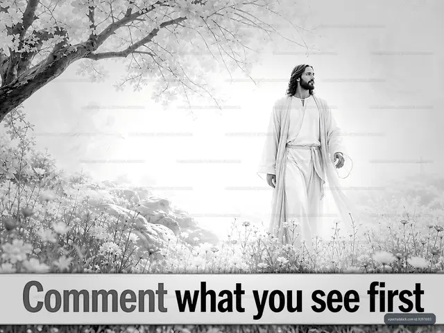 Jesus walking in a serene landscape with flowers and trees