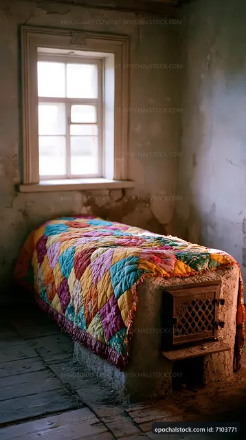 Cozy bed with colorful quilt in a rustic room