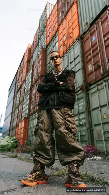 Young person posing confidently in urban container yard