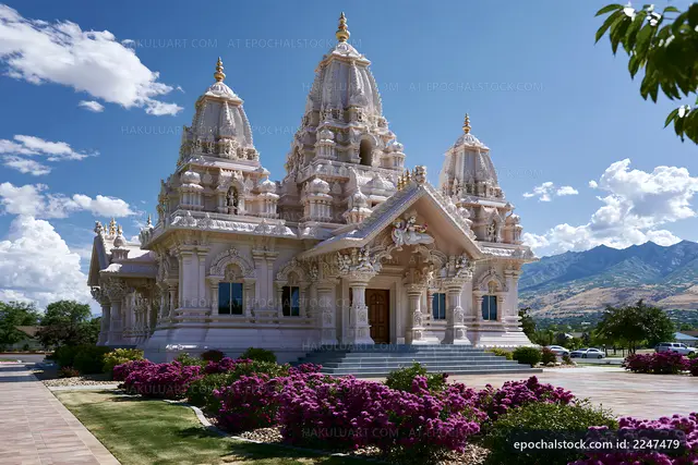 Hindu temple with intricate architecture under blue sky