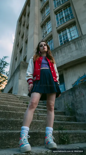 Young woman in skirt and varsity jacket poses on outdoor steps