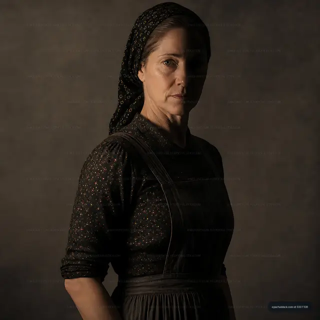Woman in traditional dress standing against dark background