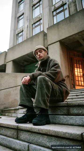 Young person sitting on stone steps in city