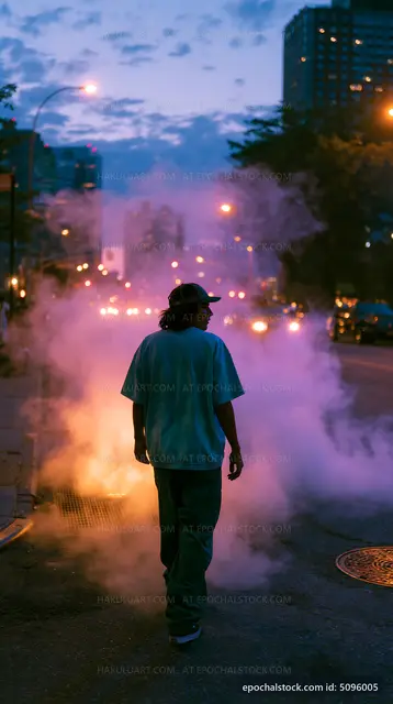 Person walking down a city street with smoke and traffic