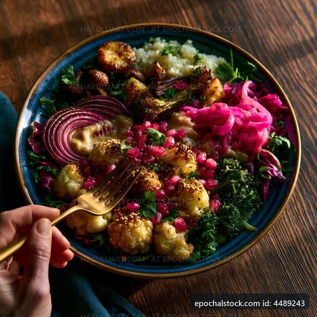 Healthy plate of colorful roasted vegetables and grains