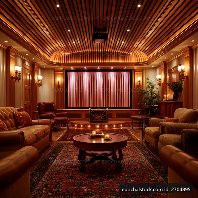 Cozy home theater with warm lighting and rich wood details