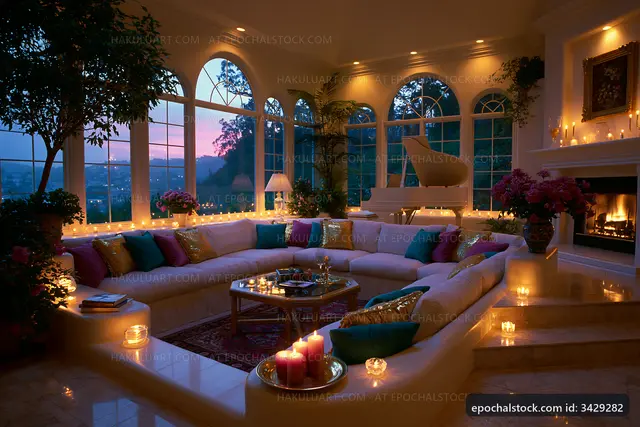 Cozy living room with candles and piano at sunset