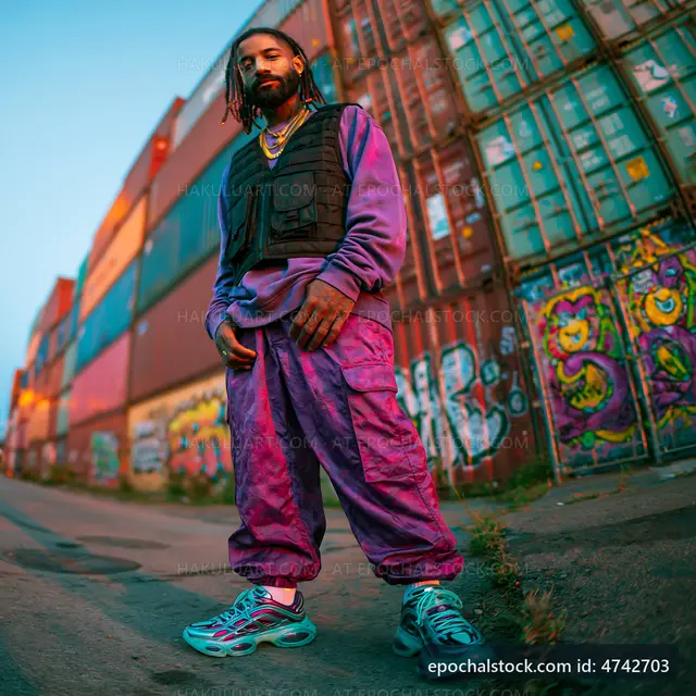 Man in purple outfit poses near shipping containers and graffiti