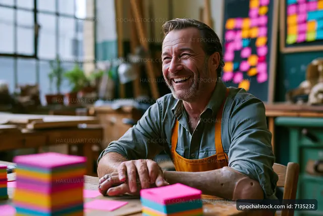 Craftsman smiles while working in a workshop filled with bright notes