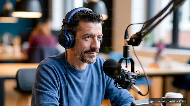 Man in headphones speaks into microphone in a studio room