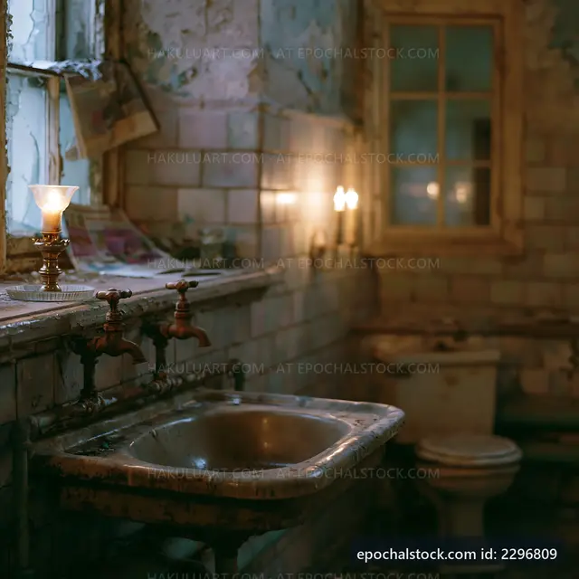 Old bathroom with worn fixtures and soft lighting