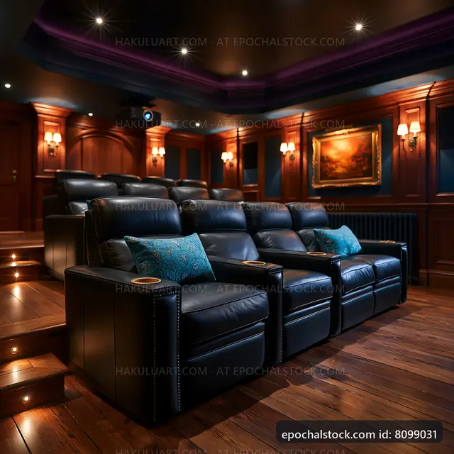 Modern home theater with comfortable seating and wooden accents