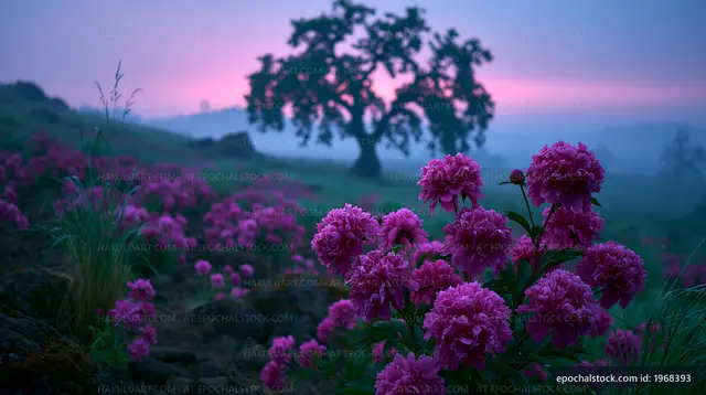 Flowers bloom in a field during dawn with a tree in the background