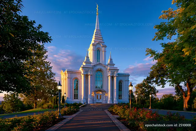 White architectural building with tall spire surrounded by trees