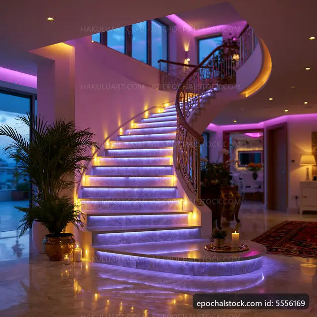 Elegant spiral staircase with glowing lights in modern interior