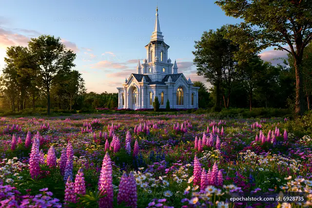 Church surrounded by flowers at sunset