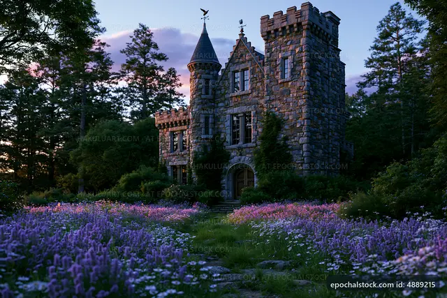 Mansion surrounded by flowers at dusk in a forest setting