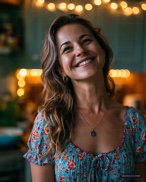 Woman smiling in a cozy kitchen with warm lights in the background