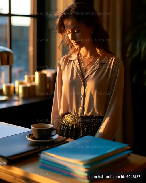 Woman standing by a table in a soft-lit office setting