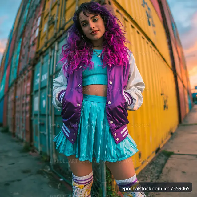Young woman poses in street fashion near colorful shipping containers