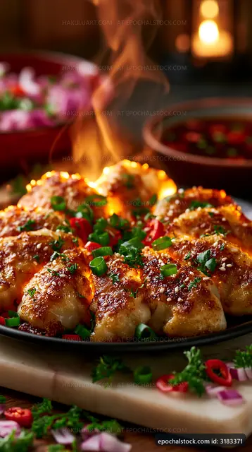 Steaming dish of sautéed dumplings with herbs and spices