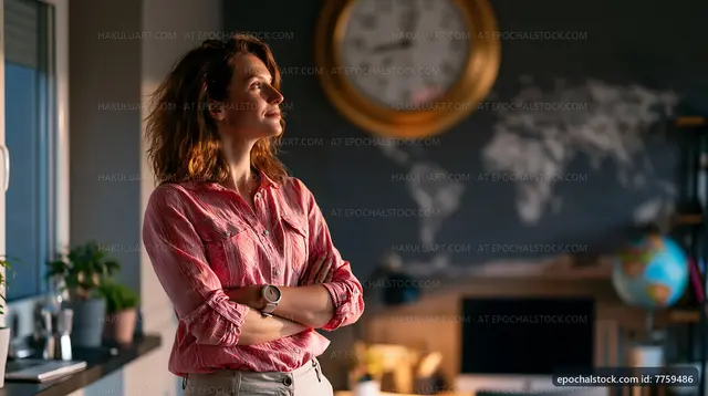 Woman standing in office with a thoughtful expression