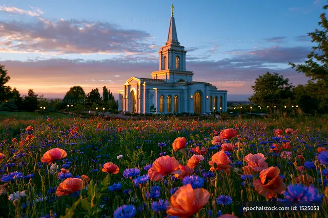 Church surrounded by flowers at sunset in a natural setting