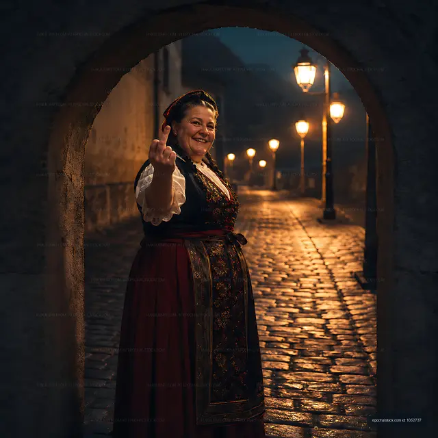 Woman in traditional dress gestures playfully in cobblestone street