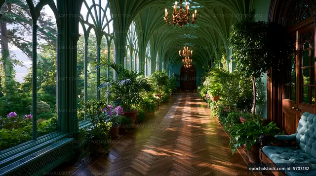 Elegant corridor with greenery and sunlight in historic building