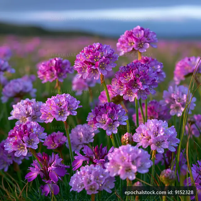 Purple flowers in a field at sunset
