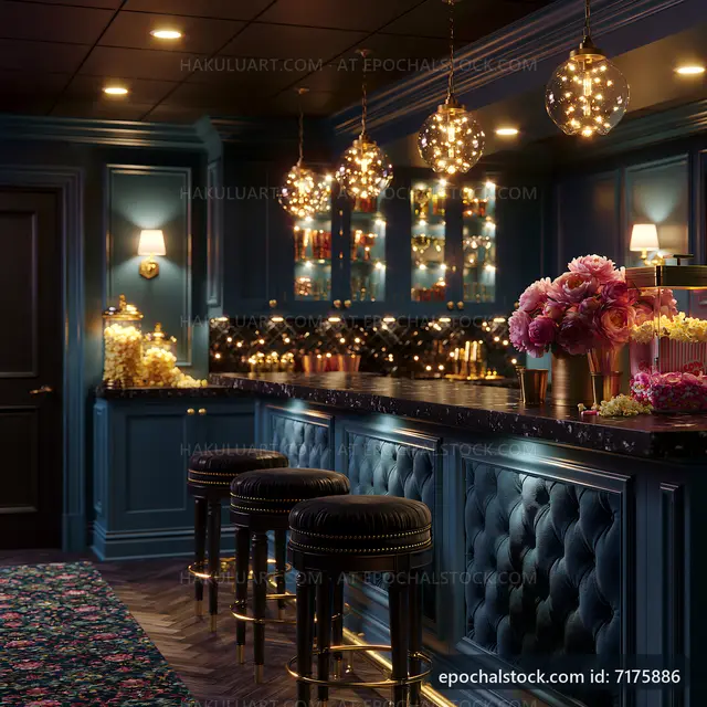 Elegant bar area with decorative lighting and floral arrangements