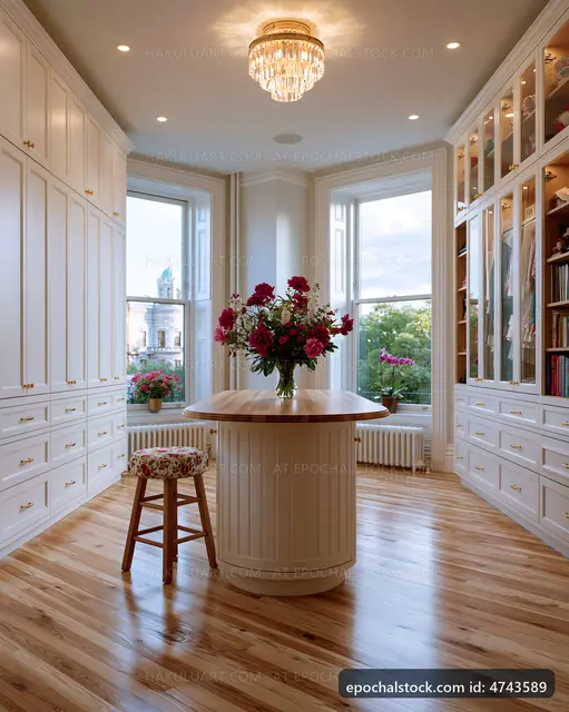 Bright room with wooden floor and floral arrangement on table