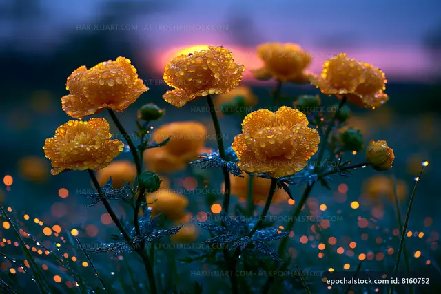 Bright flowers with droplets at sunset in a meadow