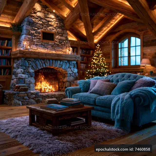 Cozy living room with fireplace and decorated Christmas tree