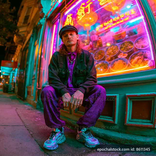 Person sitting near a colorful restaurant at night in the city
