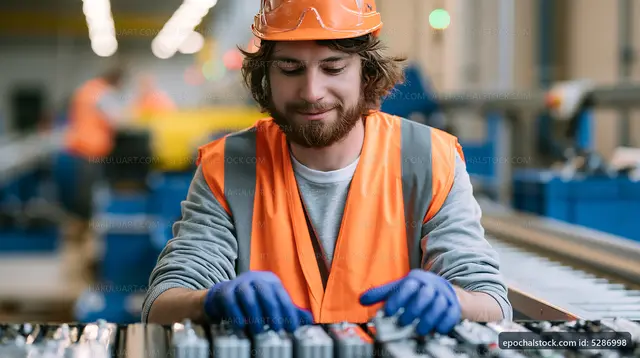 Worker in factory setting testing equipment components