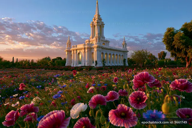 Beautiful flowers surround a white building at sunset