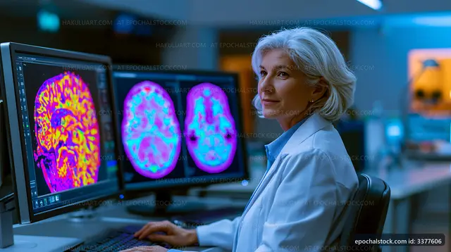 Medical professional reviewing brain images in a lab setting