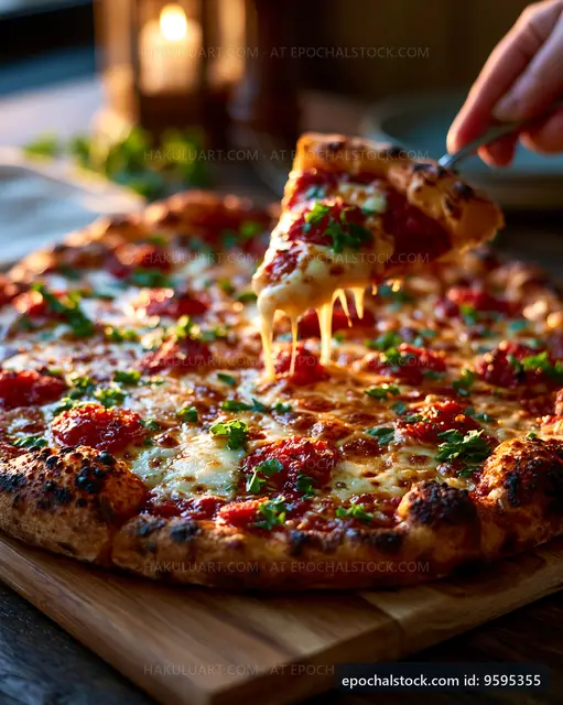 Freshly baked pizza with melted cheese and toppings on wooden table